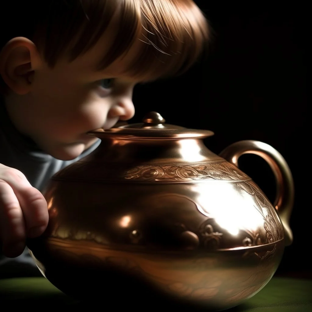 The reflection of a child on the surface of an old copper teapot