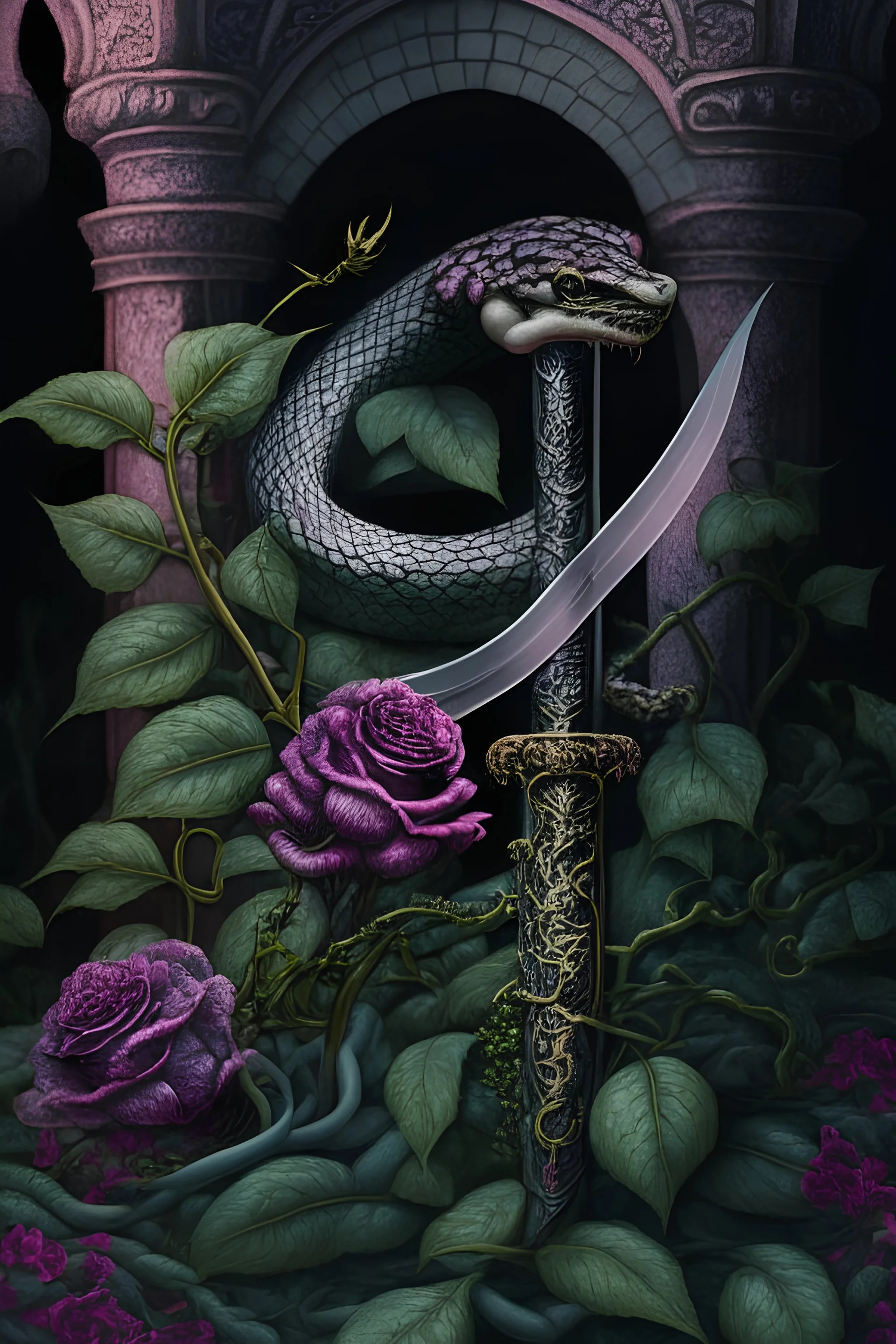 a sword in the foreground with a snake coiling around it. In the background, petunia flowers. In a gothic, dark fantasy style.