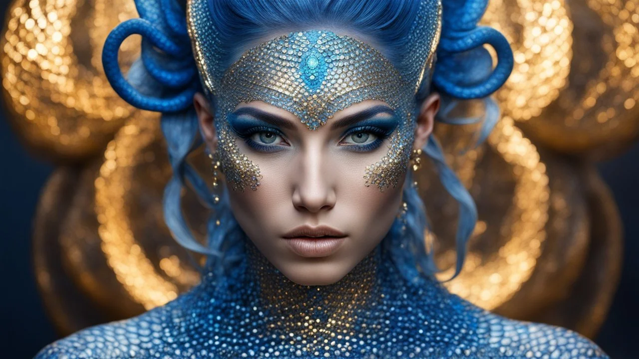 humanoid, double exposure, silver skin, fish scales, slender muscular warrior, tattoo, tentacles, gold, blue, copper-zinc orichalcum jewelry and piercing, beautiful face, mesmerizing starry eyes, smooth translucent skin, hourglass, glowing, glare, size DD.