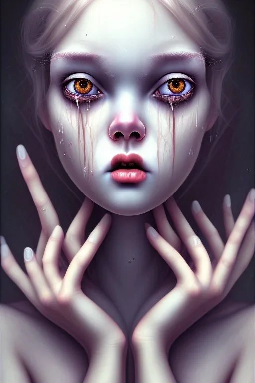 Crying girl, sad, expressive, emotive, frowning, furrowed eyebrows, pouting lips, soft pastels by Tim Burton