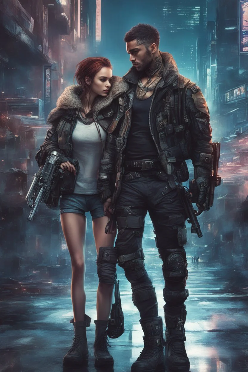 Science fiction, cyberpunk, city street, couple girl and guy, together, love at first sight, protective, pirates, violence