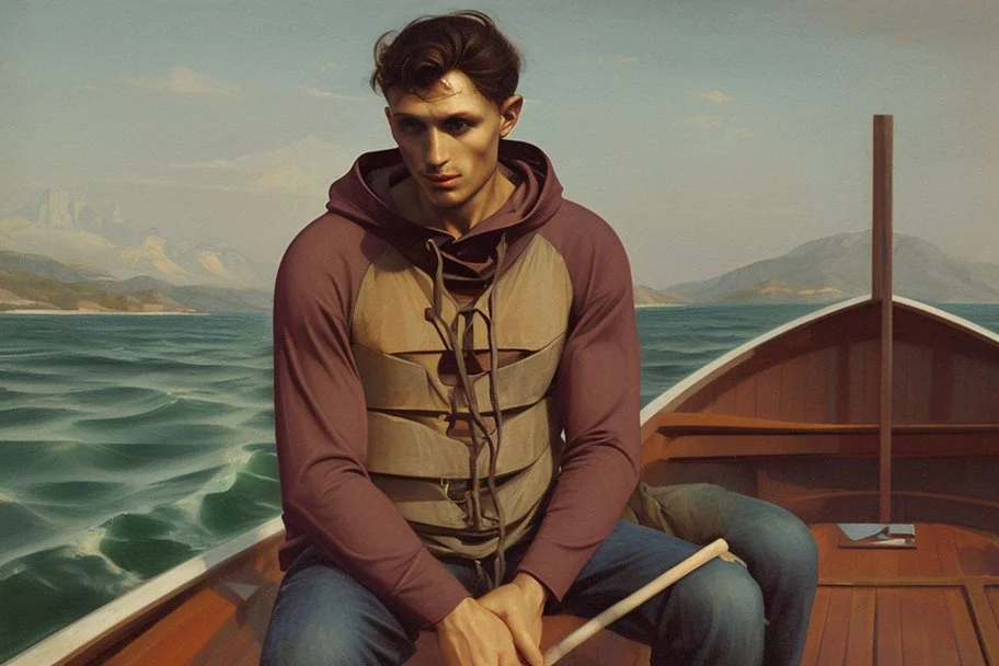 Modern man in a boat wearing hoodie by Andrea del Sarto