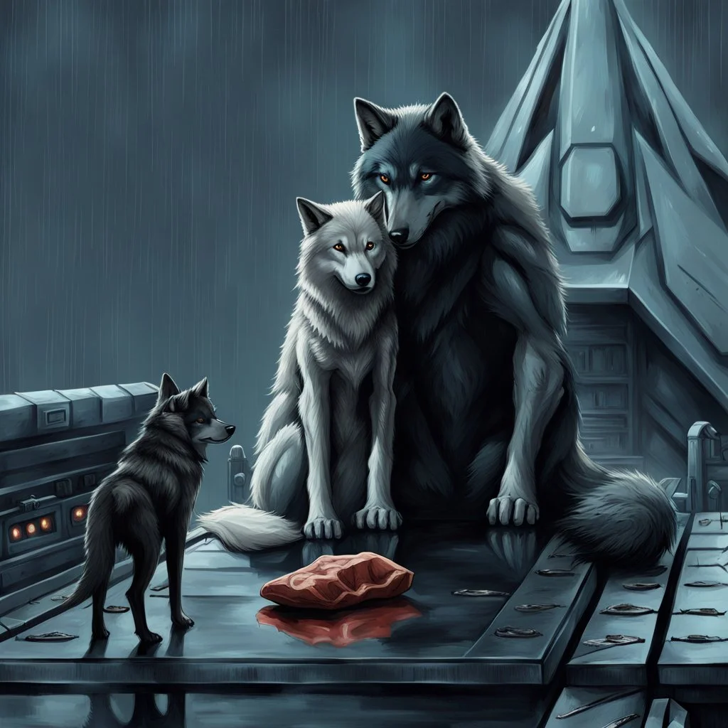 digital art front in picture an of little dark dog like creature stands and looking an anthropomorphic wolf couple sitting on the spaceship's ramp close together, the pale gray female wolf sits behind strong male wolf and puts one paw on the dark gray wolfman's shoulder, raini day, on ramp a little piece of meat lies down, high contrast, high detalied, high realistic, in background detail of an angular spaceship. Rain, The atmosphere is a seamless blend of sci-fi, dark fantasy