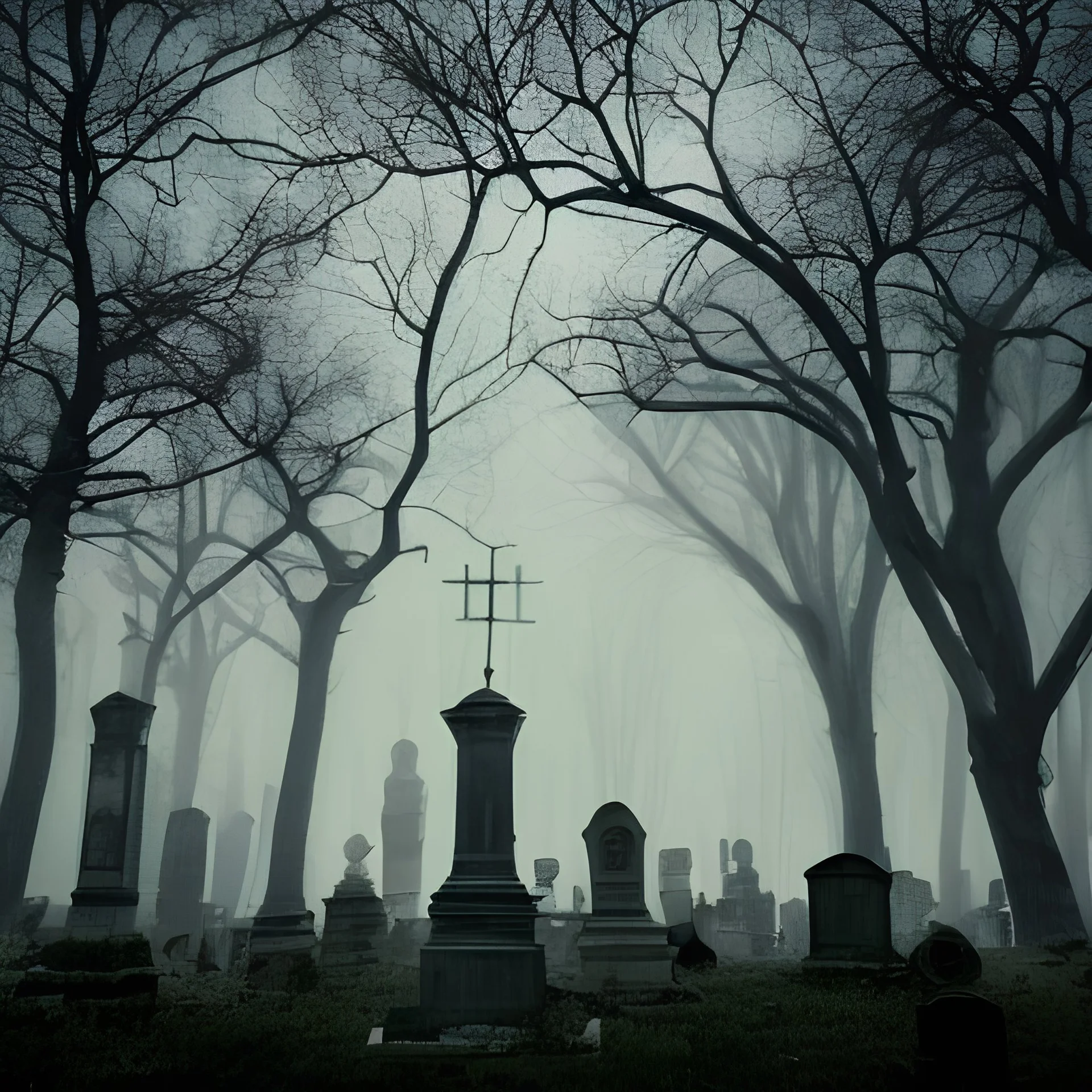 dark creepy cemetery on a foggy night