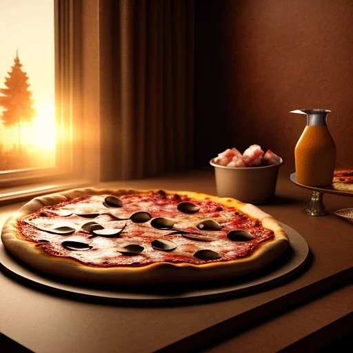 Delicious realistic pizza, sunset, light from window, shiney texture, unreal engine 5, 8k resolution, photorealistic, ultra detailed, by greg rutowski