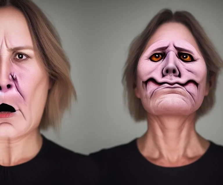 Realistic photo of An eerie face of a middle-aged woman with no eyes, a vacant stare, and a disturbing grimace