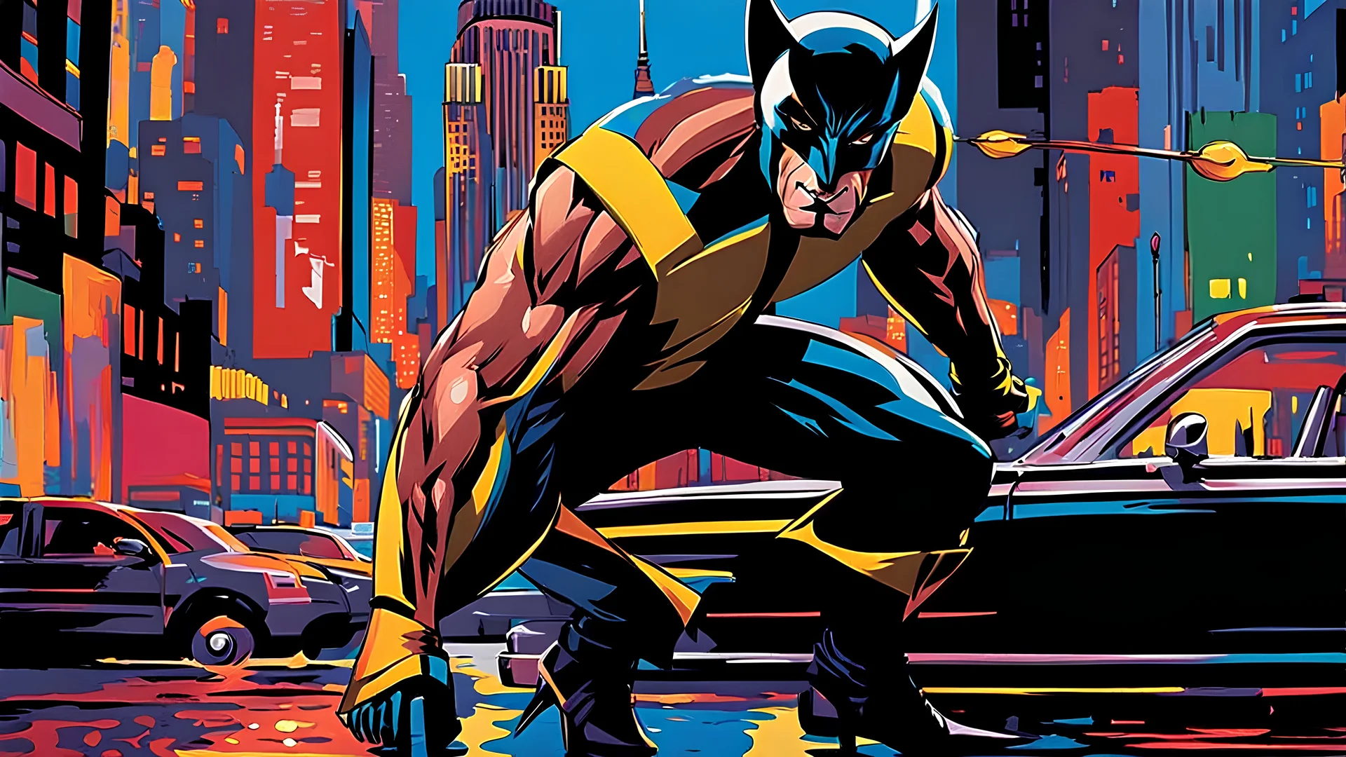 [WOLVERINE] performs [THE TANGO], gouache ink line sketch blending with Fauvism style, splash art elements with drips and drops, figure adorned in [FANCY DRESS], balancing on [STILLETO HEELS), set against [NEW YORK] background, anime influence with hyper-realistic touch and low saturation resembling a movie scene, UHD 16k resolution, exquisite workmanship, cinematic masterpiece.