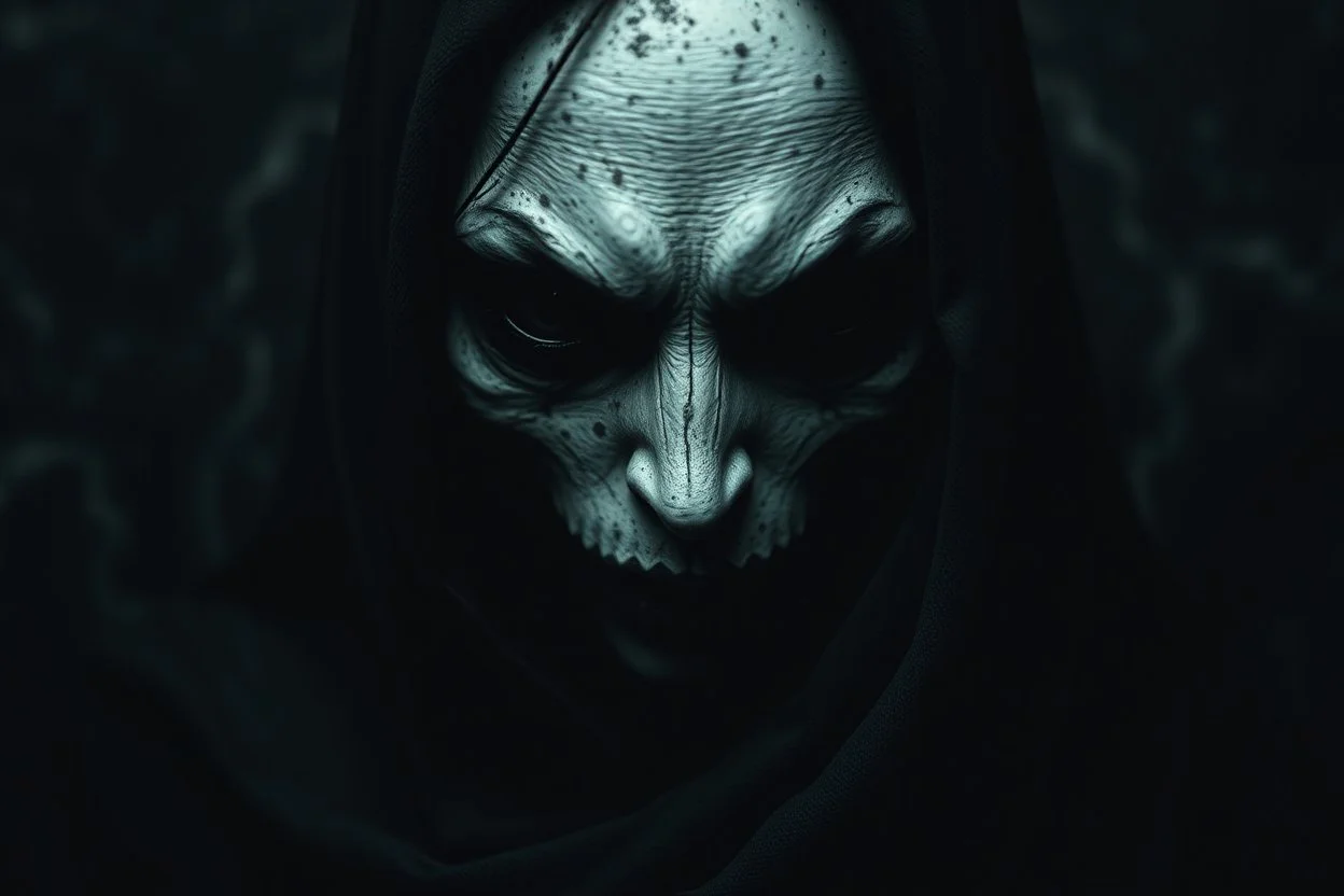 Darkness is sometimes a moment of gate into another diemnsion. The shadows rising from the depths are not merely terrifying; they are the offspring of our minds, shapes the unknown . darkness in my soul looking me, close up crepy portrait from crepy queen of darkness, black eyes, death woman-like creature phantom, portrait, shadows, dark, surreal, thiller, background storm in vortex, onix, bones, marble, etheral, intricate details, sharp focus, dark fantasy