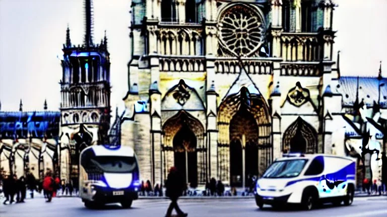 A police Tesla Cybertruck is chasing a Tesla 'Model S Plaid' at top speed, by the Notre-Dame Cathedral, in Paris. CINEMATIC. WIDE ANGLE LENS. PHOTO REAL.
