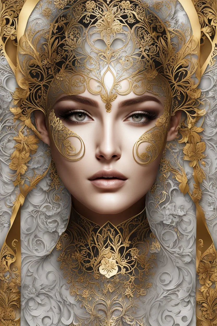 Beautiful face of European woman with voidcore shamanism collage metallic filigree abstract, a portion of her face is art decaden embossed florql t angel , and a portion of her face is stylish flowers metallic filigree foulard print, a portion of her face is gold wooden filigree tqttooed and a portion of her face Is palimpsest stripes, degrade print fantasy background, masterpiece, portrait