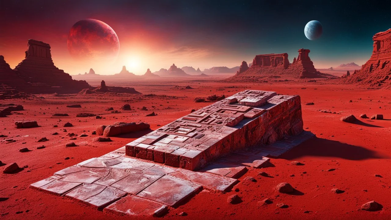 an ancient abstract nonfigurative statue with ancient signals from carved, polished marble blocks lies down on the red Mars planet, background ancient ruins, strange psychedelic sky, cold colors, mystic ancient art, very detailed, cinematic, sharp focus, sci-fi style, utopistic, surreal, psychedelic fantasy