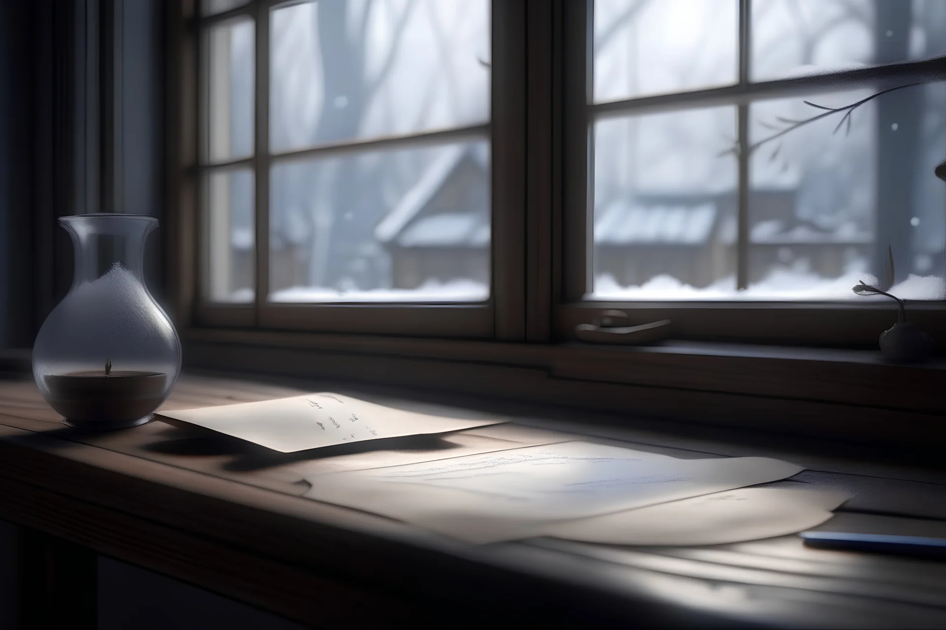 an anime style letter on a wooden table with a gloomy, snowy window in the background