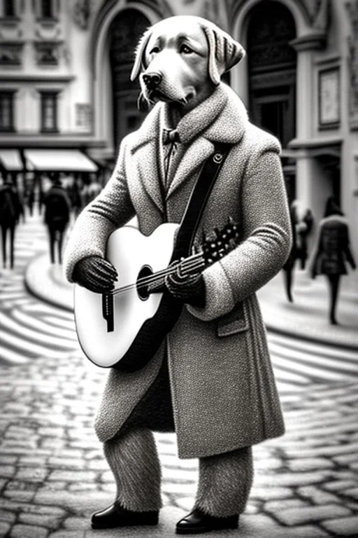 One single mature light fur labrador, historic clothes, playing guitar in the street , Vienna, friendly, model style, hyper realistic, extremely accurate, delicate, extremely detailed, Graphic novel style, wide-angle, open aperture, superfine pencil