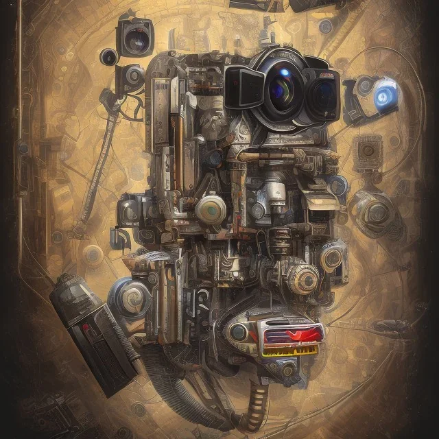 components of the camera laid out flat. poster design. high detailed. oil on canvas.