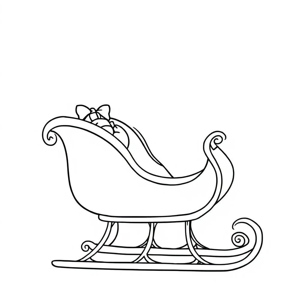 A black and white cute drawing of a sleigh. Only outline, white background,for kids. The illustration should be in [SUPER SIMPLE], black and white, bold line art with a clear, mostly empty background. [INCLUDES ONLY OUTLINES WITH NO FILLED IN BLACK AREAS], ensuring no shading, no complex images, and making it very easy to color in between the lines.