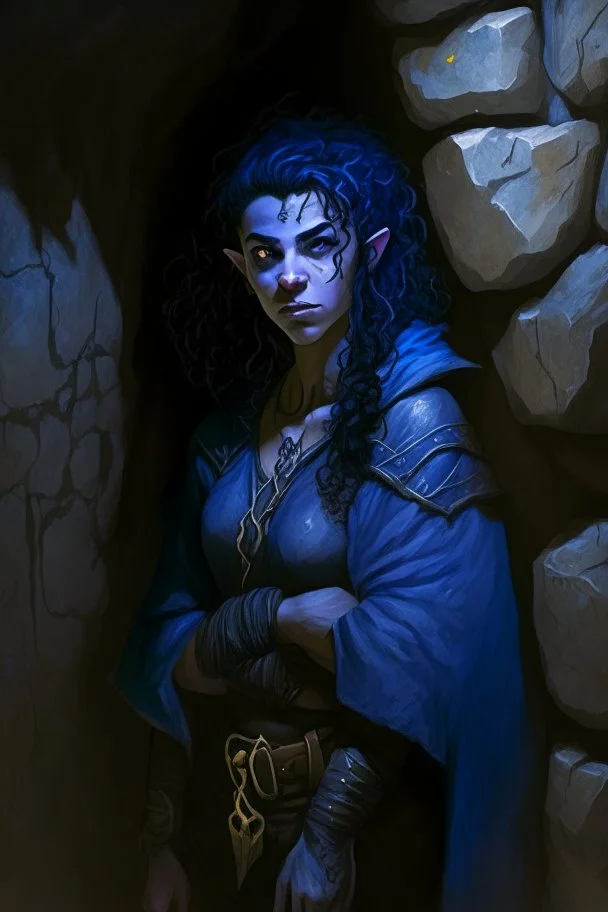 Dnd character in a dark cave. Leaning against a wall. A female Moonelf twilight cleric with super curly, super short, dark blue hair and golden eyes, wearing gray and dark blue robes. With tattoos. Muscular, broad.