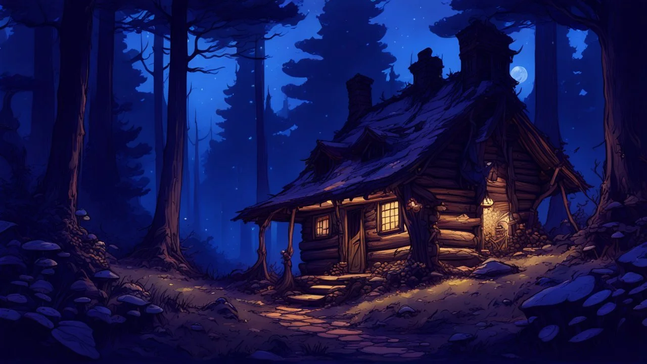 glowing cabin, warmly lit at night, blue cold ambience, surrounding forest, luminescent mushrooms, magical atmosphere, soft focus, vibrant hues, ultra detailed, fantasy, illustration, by Arthur Rackham and John William Waterhouse, artstation, enchanting, cinematic lighting