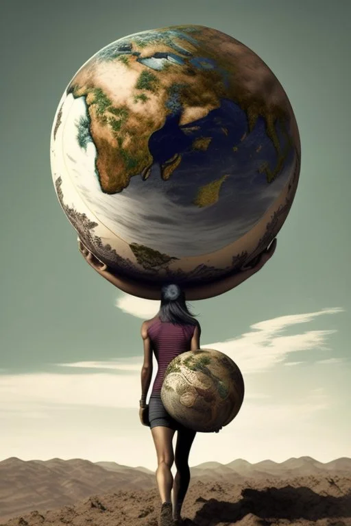 a woman carrying the earth on her back like Atlas