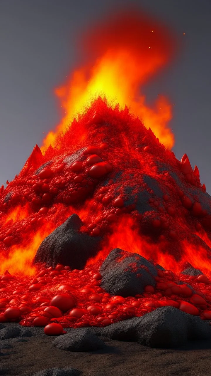 A red volcano with chaotic fire designed in Ica stones