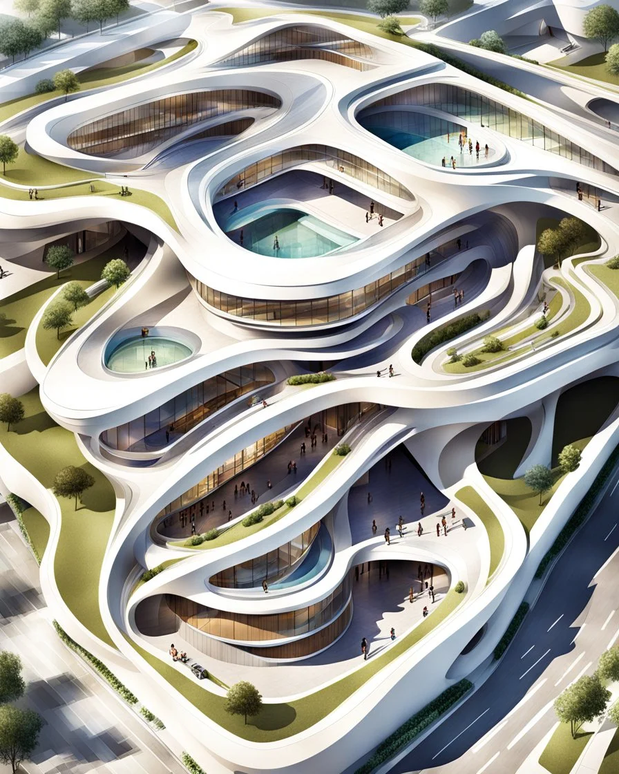 Architectural drawing of a Neofuturistic school, estilo Zaha Hadid, ultra quality, people, treets, from above