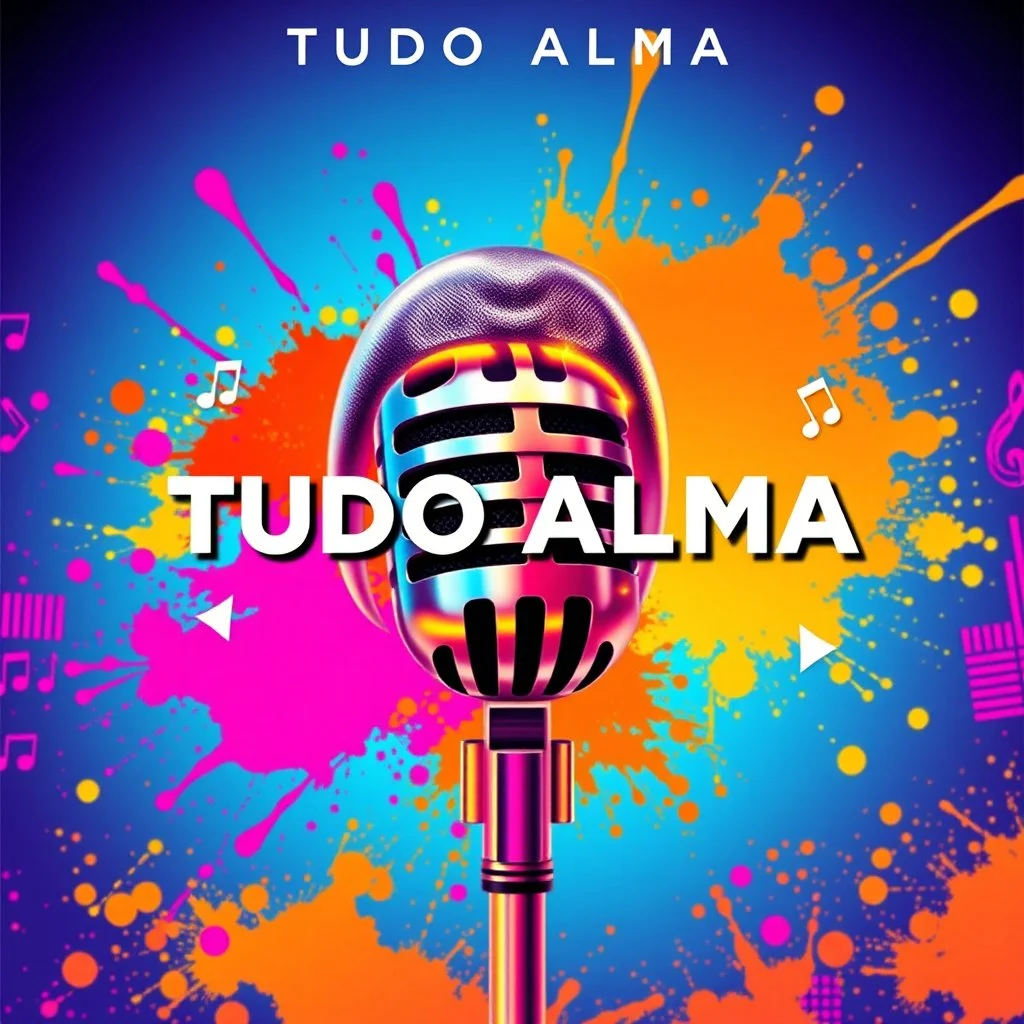 "Create a vibrant and energetic album cover for 'TUDO ALMA,' with a design that screams modern electronic pop. The background is a burst of colorful energy, with splashes of neon pink, orange, and yellow blending together in a chaotic yet harmonious way. The central focus is a pair of lips, painted in metallic silver, singing into a retro-style microphone that's surrounded by digital sound waves and abstract music symbols. The title 'TUDO ALMA' appears in bold, white letters with a slight 3D eff