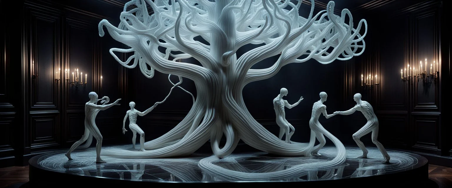 Some well dressed figures fighting to contain energy from floating chtonian glowing snakelike transparent moist tree made by twisted snakelike sticks creating weird geometric form in dramatic scene in luxury parlour in the style of Giger and Escher