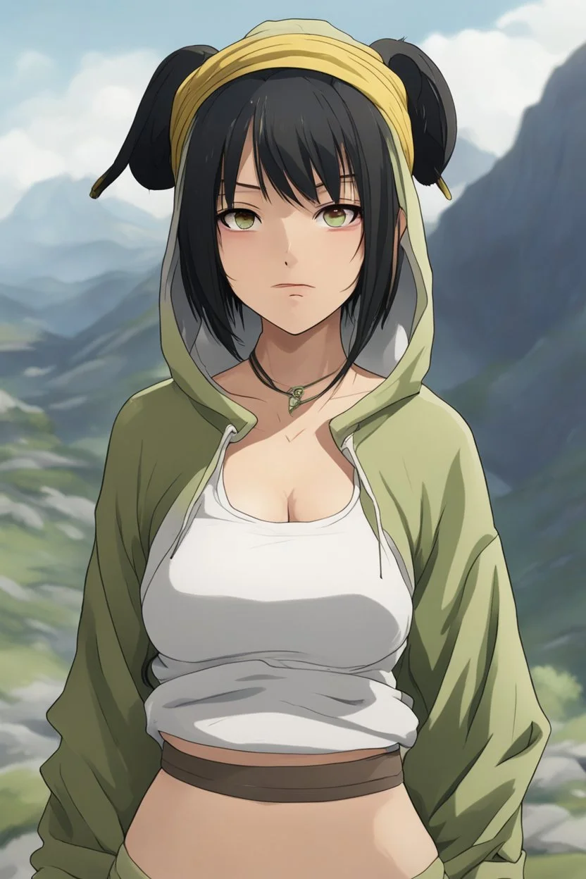 toph bei fong, croppedhoodie, underboob, mountainous horizon, 1girl, toph, bangs, black hair,saliva drip, blind, grey eyes, hair between eyes, hair bun, hairband, short hair, cropped hoodie underboob, cropped hoodieunderboobhoodie