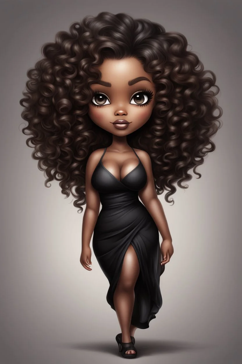 create a digital airbrush image of a chibi curvy black female wearing a black maxi dress and black sandals. Prominent make up with brown eyes. Highly detailed wild tight curly hair.