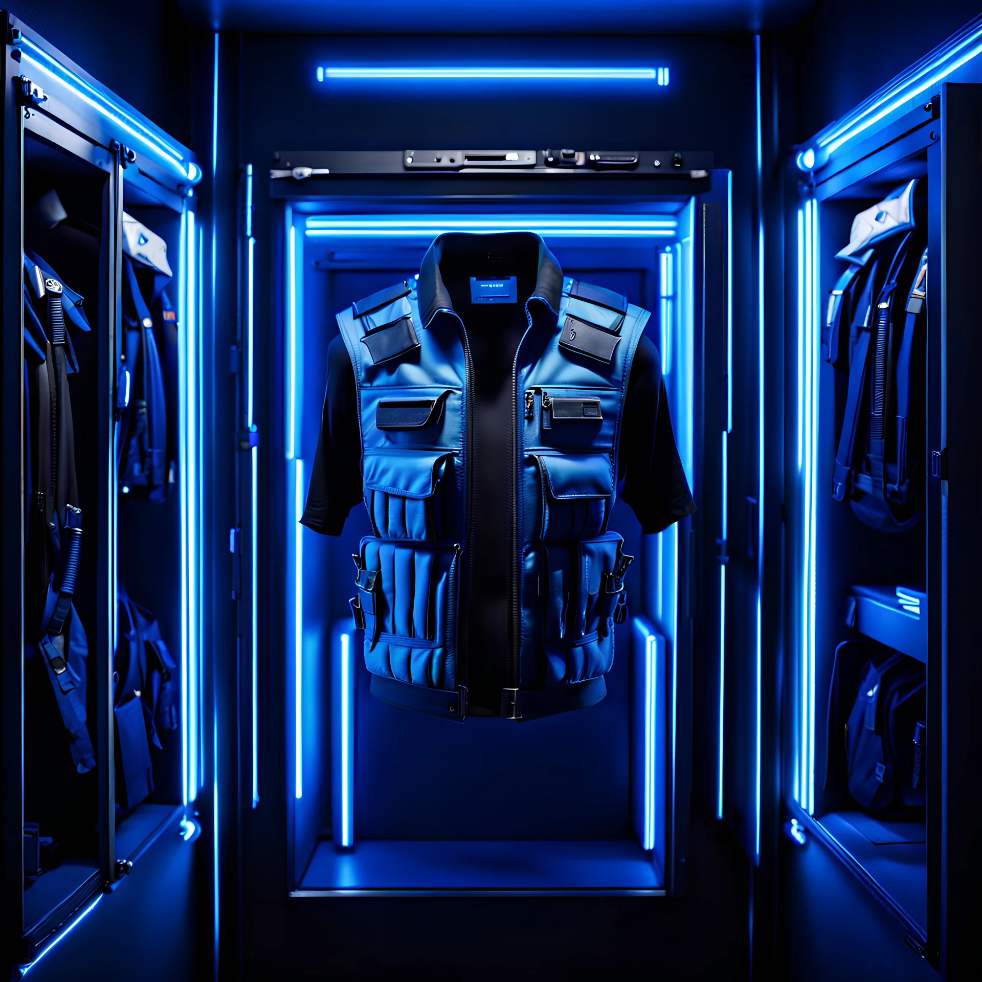 closet containing bulletproof vest, cyberpunk style, blue lighting