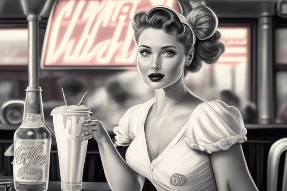 50-v5.2 prompt 26: Using the Grisaille technique, create a vintage Pin-up Girl in a classic 1950's diner setting. elegantly sipping a milkshake with an iconic jukebox in the background. -ar 16:9 -s 50. -v