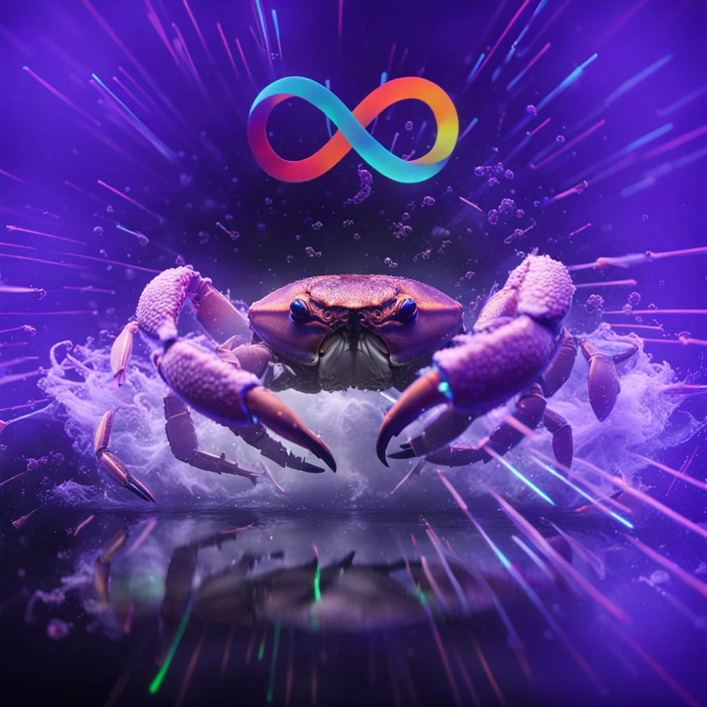 infinity symbol ∞ with vibrant powerful crab jumping out of the water, striking, neon, chiaroscuro, dramatic, captivating, powerful, fantasy, beautiful, octane render, 16k post-production, artstation: award-winning: atmospheric: commanding: fantastical: clarity: ultra quality: striking: brilliance: stunning colors: amazing depth; lens: f/11, 35mm