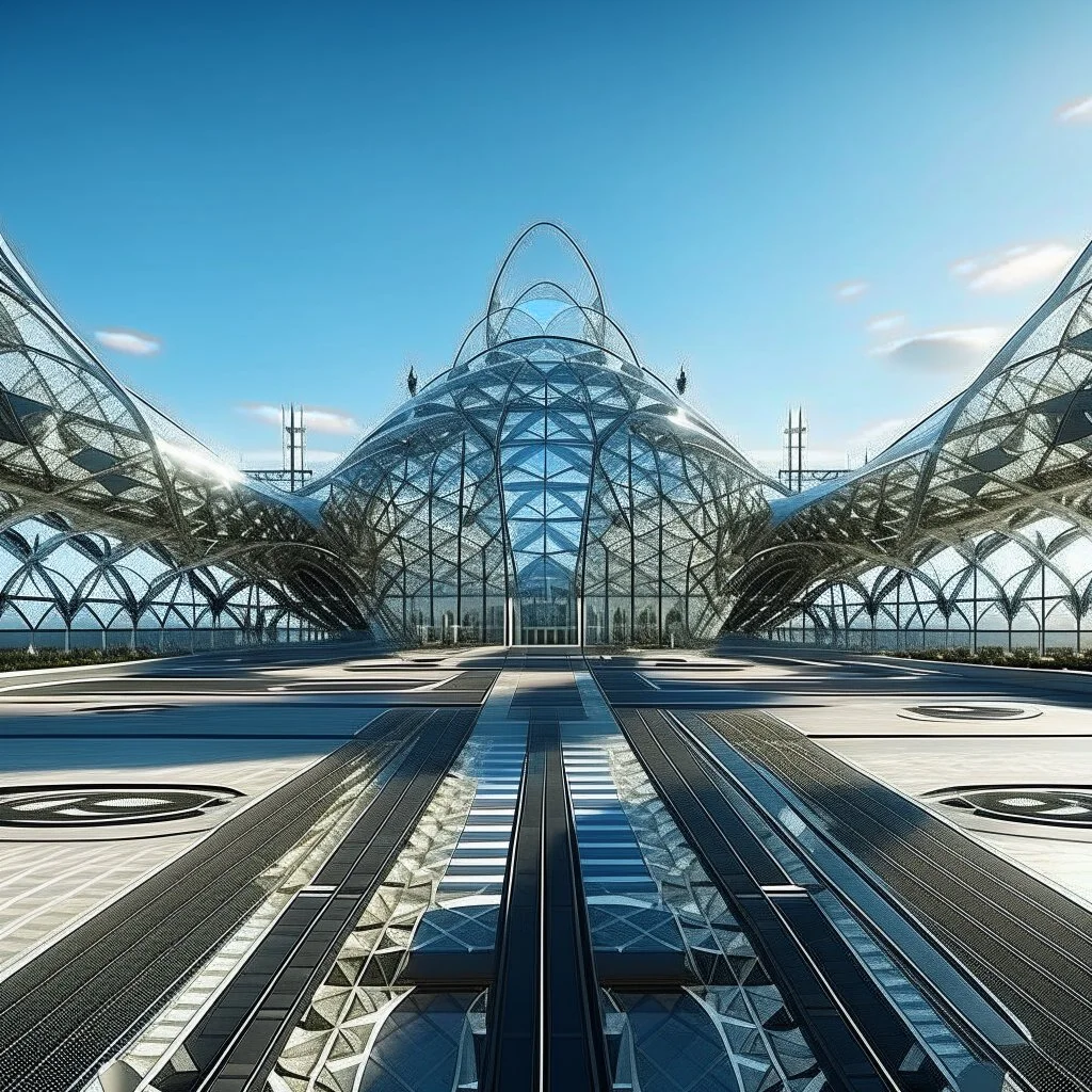 perspective of the symmetrical exterior view of an ant-shaped airport, spectacular, shocking, ultra quality, maximalist, 8k 3D