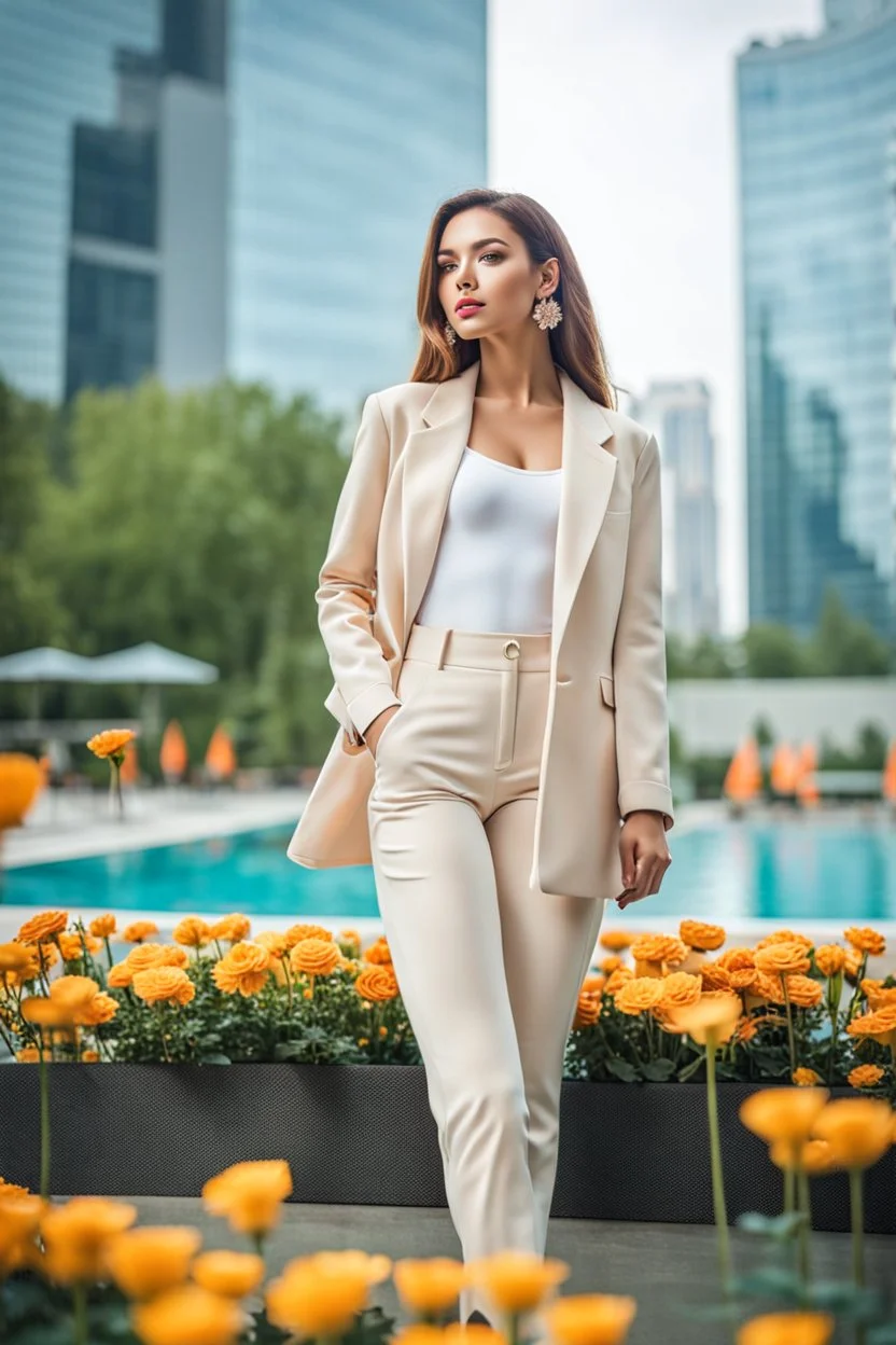 fullbody shot of young-beautiful-girl-with-a-perfect-face-with-make-up-wearing- sport pants and jacket standingnext to a big Square with a flowers and round pool with clean water in center , modern city scape environment ,,