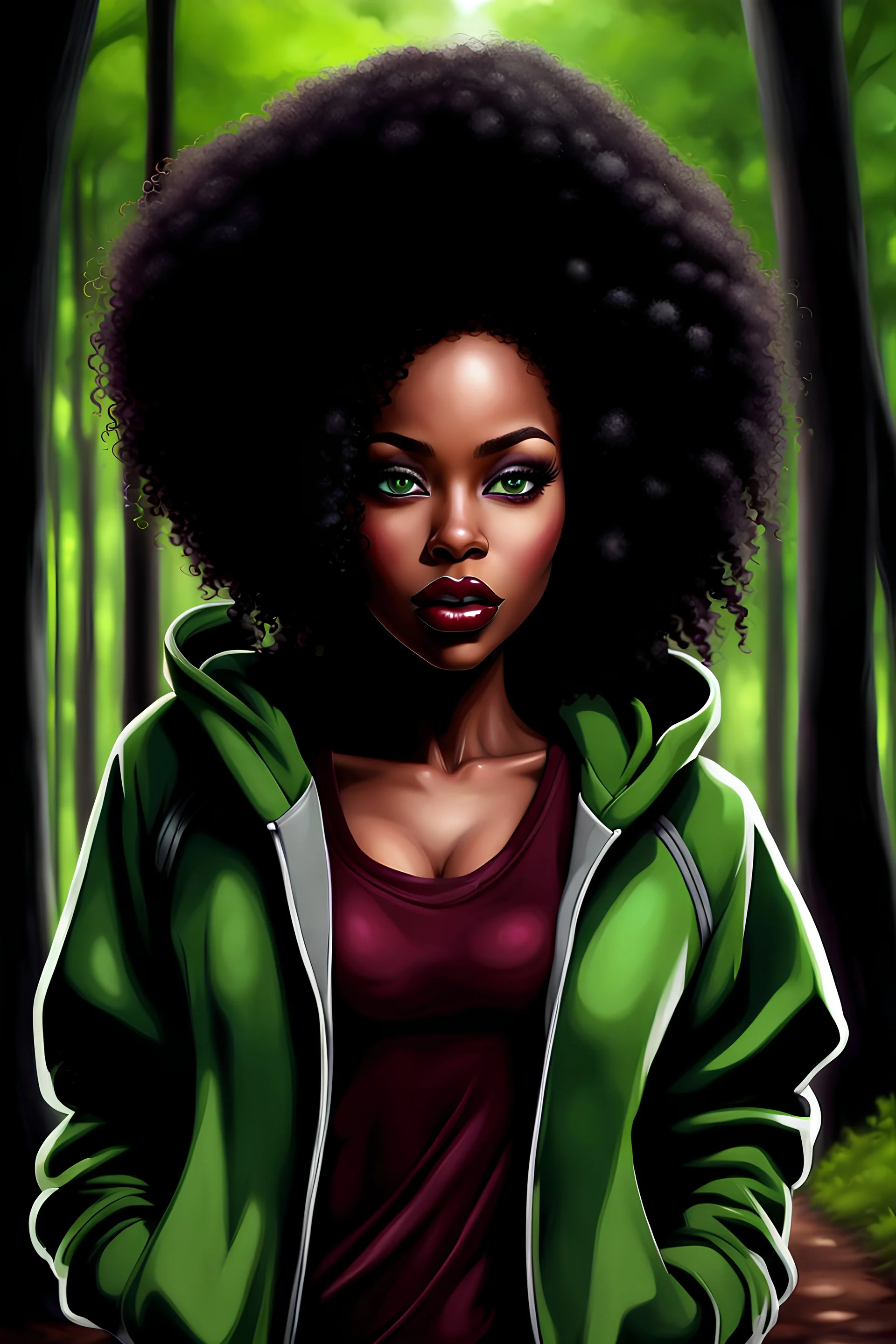 HYPER REALISTIC Graffiti, full body, WHIMSICAL DIGITAL ILLUSTRATION, HD, HIGH CONTRAST CHIBI STYLE STUNNING AFRICAN AMERICAN WOMAN WITH BEAUTIFUL large, green-colored EYES, fierce makeup, black shoulder length curly hair, LONG LASHES AND LIP GLOSS WEARING An OVERSIZED burgundy and gray sweatsuit, WALKING FORWARD along a wooded path BACKGROUND, REALISTIC TEXTURE, CREATIVE, CINEMATIC, PHOTOGRAPHY SEAMLESS.