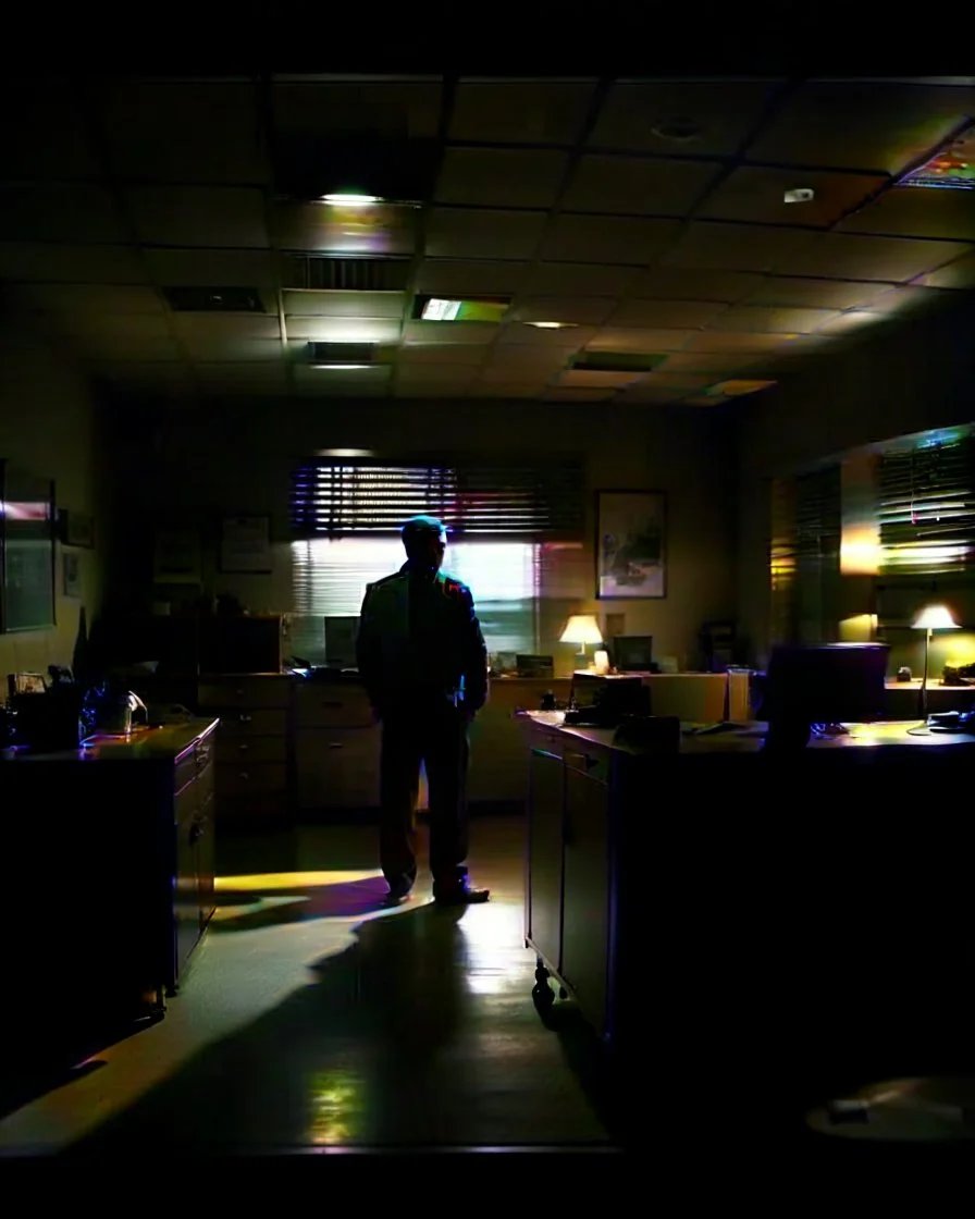 Imagine a scenario where the footage captures a man in a dimly lit office late at night, his shadowy figure moving mysteriously across the room. The flickering lights create an eerie, security camera vision frame