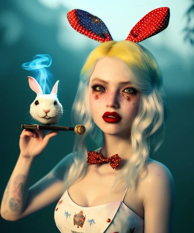 Ultra realistic wonderland photo, hot, happy blonde Alice woman and white rabbit smoking a pipe, blue dress, circus dress style, black headband with bow, old school tattoo, smoke, marijuana garden, glow eyes, perfect iris, soft color, highly detailed, unreal engine 5, ray tracing, RTX, lumen lighting, ultra detail, volumetric lighting, high definition.