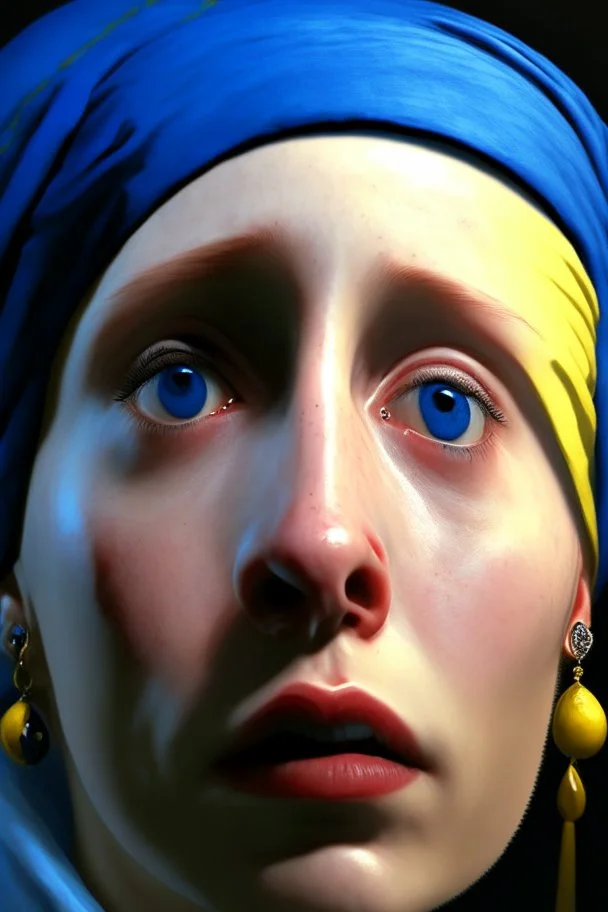 Portrait Painting Of a Beautiful Woman, scared, crying eyes, Girl with a Pearl Earring, 30 years old, looking behind, shining background, Unreal 5, Daz, Hyperrealistic, Octane Render, Dynamic Lighting, Volumetric lighting, Intricate Detail, Summer Vibrancy, Cinematic