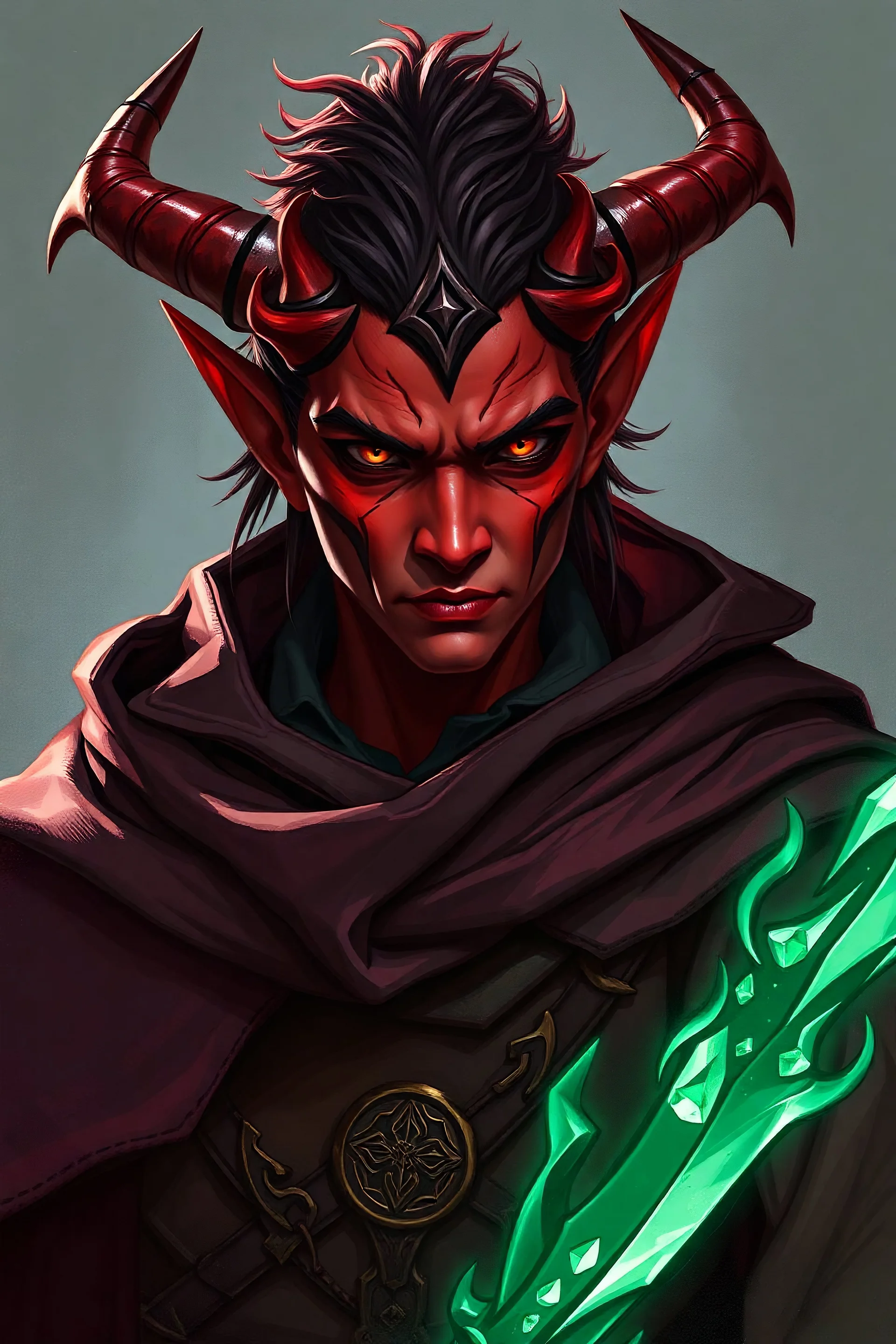 Generate a Dungeons and Dragons character portrait for a male tiefling wizard, young, red skin