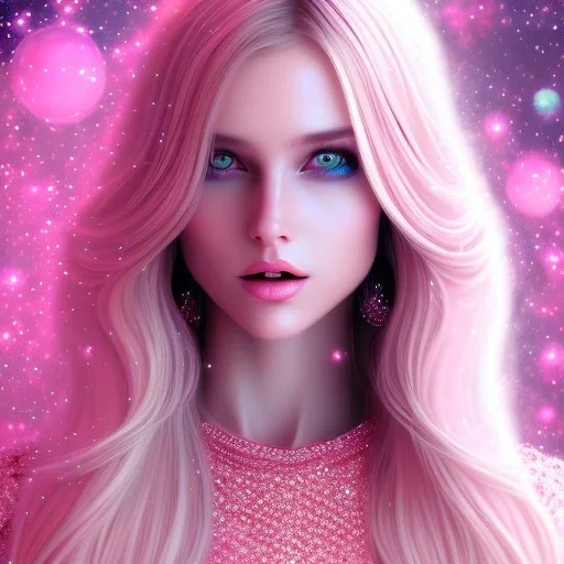 beautiful, soft, smiling face, whole head, long straight blonde hair blues eyes, crown on the head, clothing in transparent bluish and pink veil, background brillante bluish and pink, hight definition, 8K