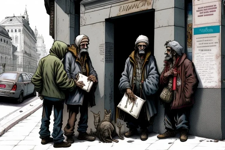 A group mature homeless street cats cats cats with worn out clothes, standing in a corner on the street, holding wine bottles in their wings , Vienna, mourning, model style, hyper realistic, extremely accurate, delicate, extremely detailed, Graphic novel style, wide-angle, open aperture, superfine pencil