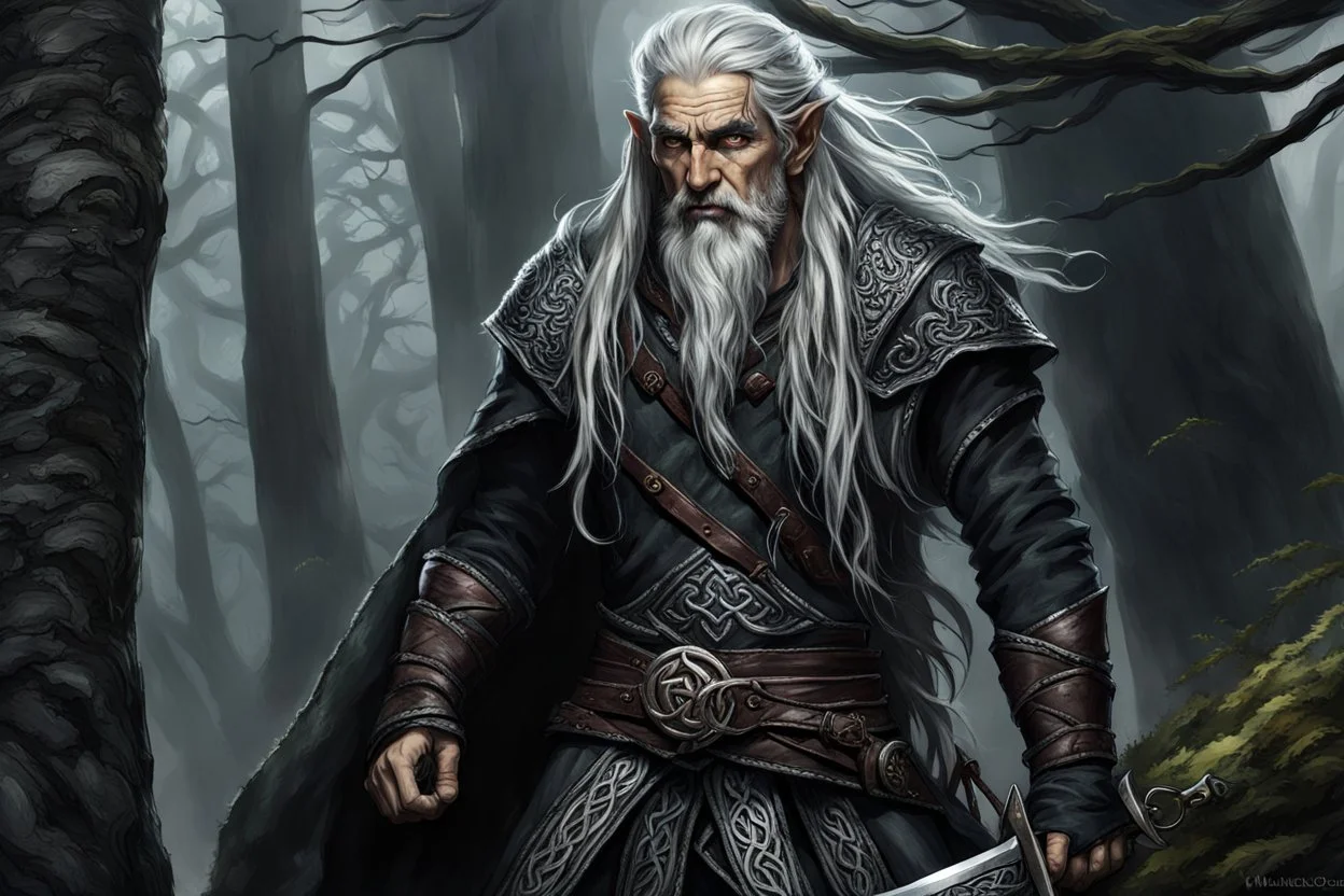 ancient grizzled, gnarled elf vagabond wanderer, long, grey hair streaked with black, highly detailed facial features, sharp cheekbones. His eyes are black. He wears weathered roughspun Celtic clothes, emaciated and tall, with pale skin, full body , thigh high leather boots and has a dark malevolent aura within swirling maelstrom of ethereal chaos in the comic book style of Bill Sienkiewicz and Jean Giraud Moebius in ink wash and watercolor, realistic dramatic natural lighting