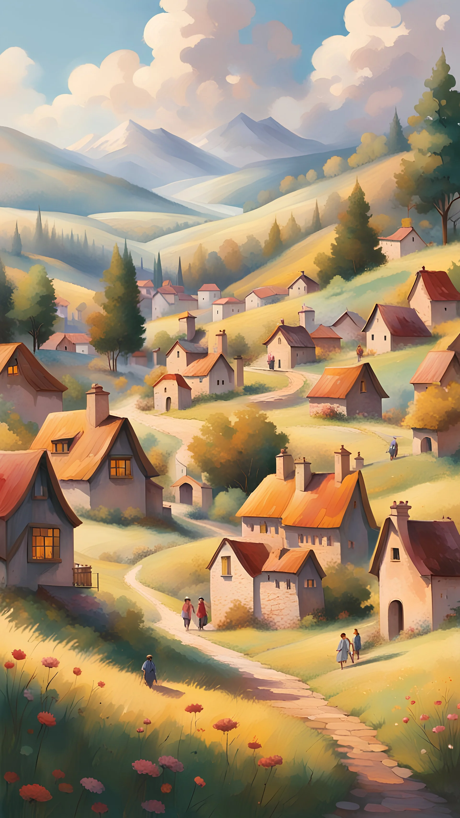 The screen opens to a picturesque village nestled amidst rolling hills and colorful meadows, we see quaint houses with smoke curling from chimneys and children playing in the streets