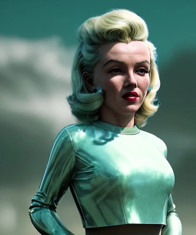 Ultra Realistic retro sci-fi 1960 scene, waist up view portrait, blonde woman, sweet young Marilyn Monroe face, perfect iris, tight latex coat, Strange planet background, Retro sci-fi style glass helmet, sphere dron, fog, rain, soft color, highly detailed, unreal engine 5, ray tracing, RTX, lumen lighting, ultra detail, volumetric lighting, 3d, finely drawn, high definition, high resolution.