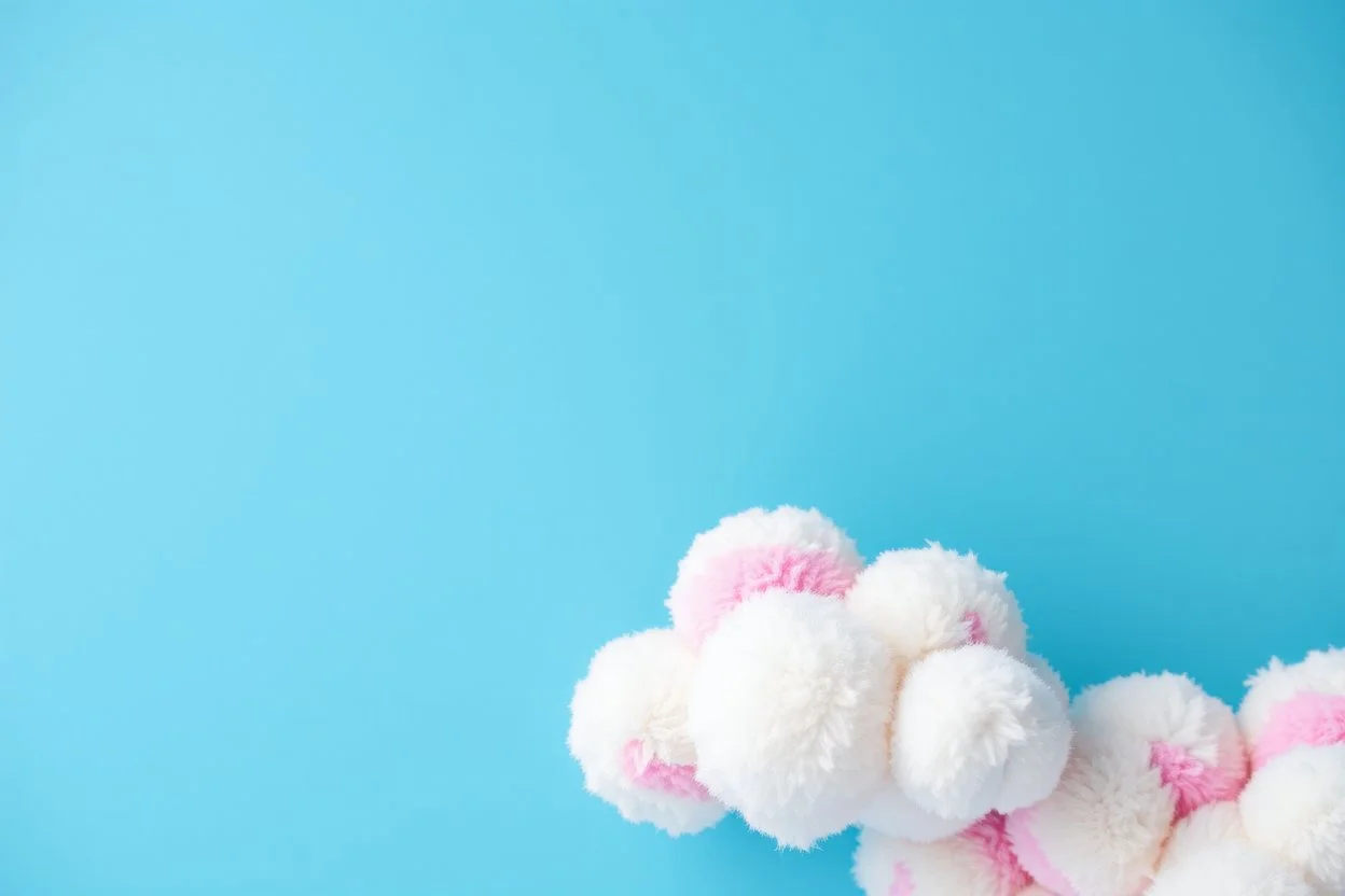 sky blue background with stuffed toy white clouds highlighted with pinks and pastel violet