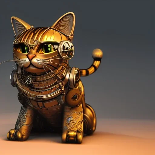 character render of mechanical tabby cat, intricate, ultra-fine detailed, steampunk, metal, 8k, ultraHD, high-quality, 3d, realistic, trending on artstation, midjourney style