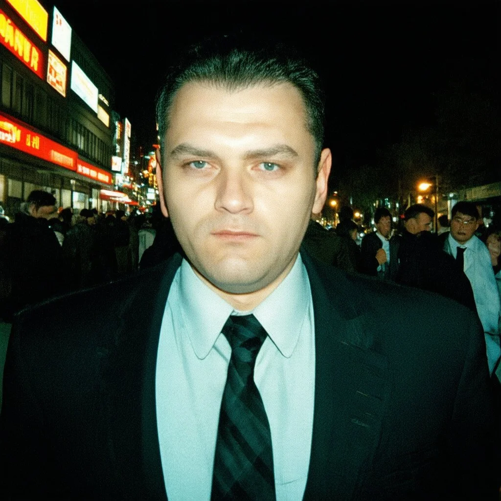 very grainy discolored photo, face portrait, night street, grunge, 2000s Russia, businessman, extremely gaunt, haughty, perfect looking, striking features, nice suit, extremely pale, inhuman