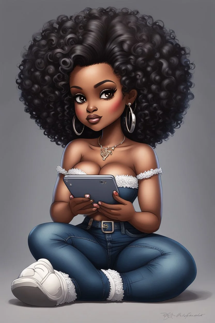 Create a furturism magna art of a black chibi curvy female sitting on the floor looking at her cell phone. She is wearing tight blue jeans and a black off the shoulder blouse. Prominent make up with lush lashes. Highly detailed tight curly afro. She is also wearing silver large hoop earringsart of a black chibi curvy female sitting on the floor looking at her cell phone. She is wearing tight blue jeans and a black off the shoulder blouse. Prominent make up with lush lashes.