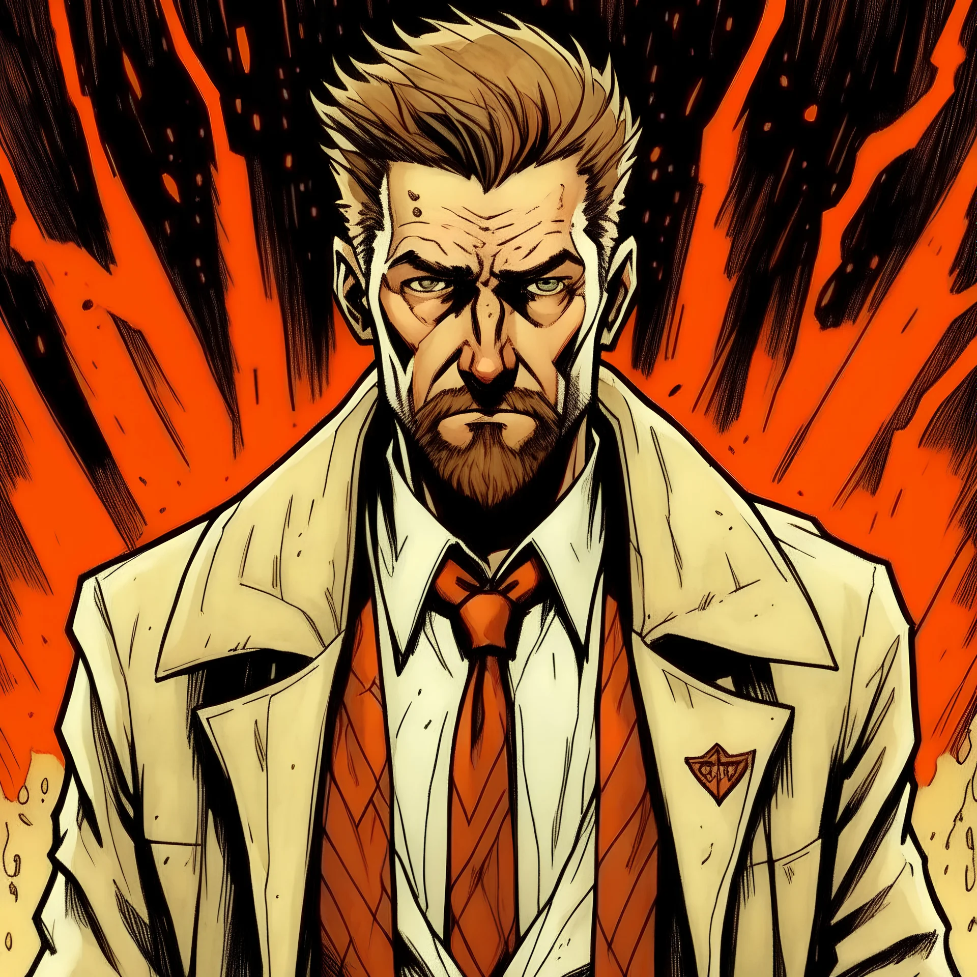 create an male character based on john constantine, whithbrown hair, long dark beard