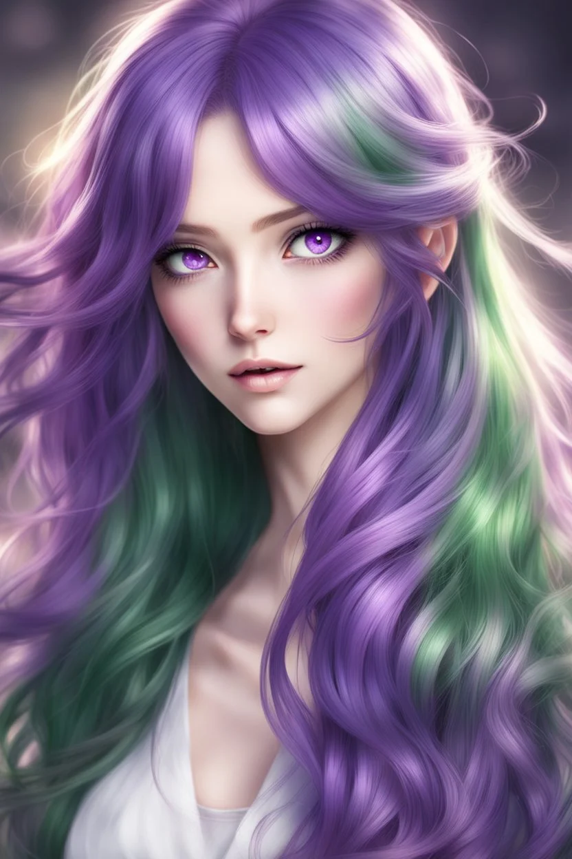 beautiful woman with long purple hair style anime green eyes