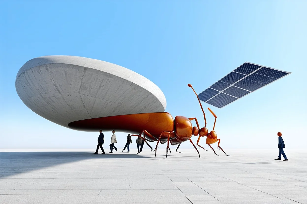 3D representation of architectural wonder, with a concrete design and matte reddish glass that contrasts with the light blue sky, emphasizing organic movement. Its design represents an ant with a bulbous tail and membrane wings with solar panels, its tail is made of concrete and glass. It stands out from pedestrians, creating a sense of scale. In open space, its use is a public place and as a great viewpoint in the mountains Combination of practicality and artistic expression in architecture